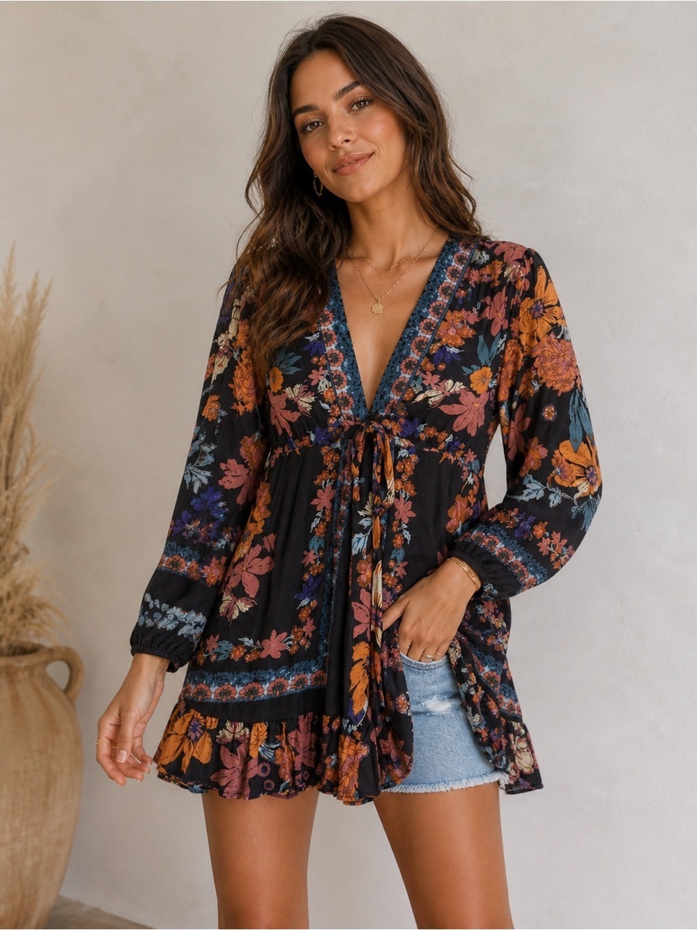 Free People Black Floral V-Neck Tie-Front Tunic with Rust & Blue Accents